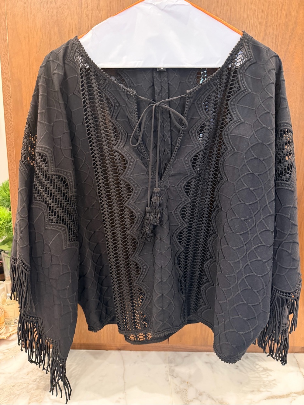 Nanette Lepore Black Crochet Fringe Top